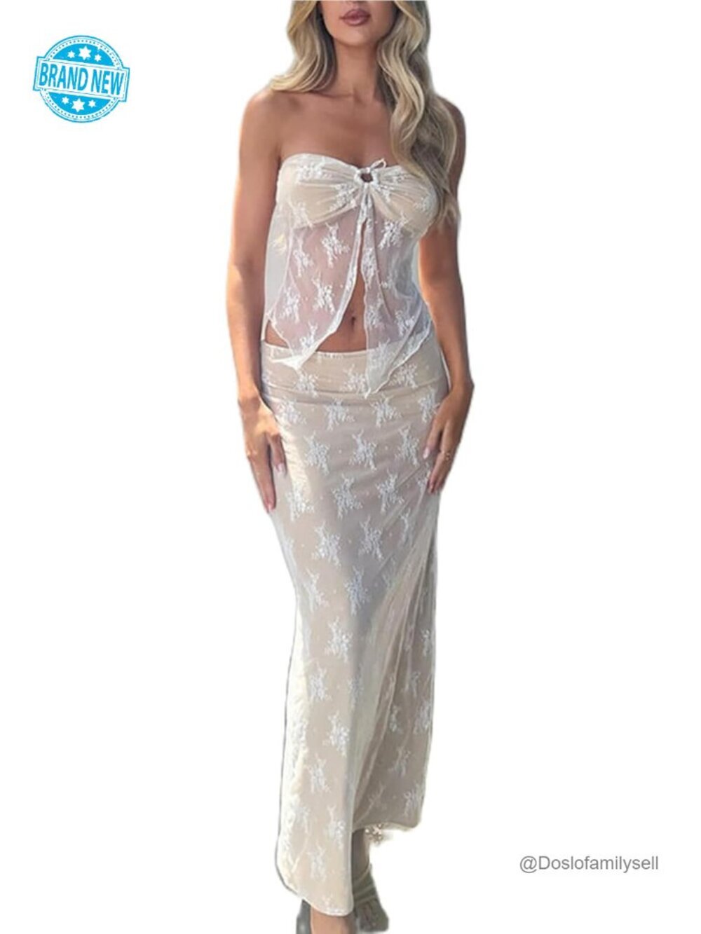 2 Piece Skirt Set: Strapless Lace Tube Top & Bodycon Maxi Skirt
